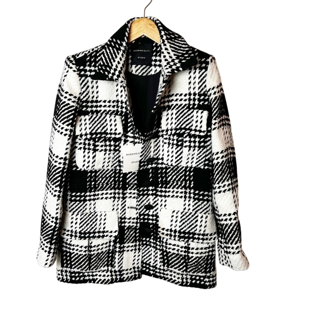 NWT SZ XS Massimo Dutti Black White Plaid Checkered Textured Studio Jacket Coat